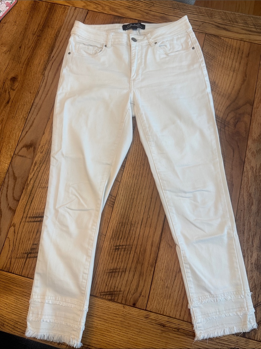 Charlie B Off White Ankle Jeans with Frayed Hem